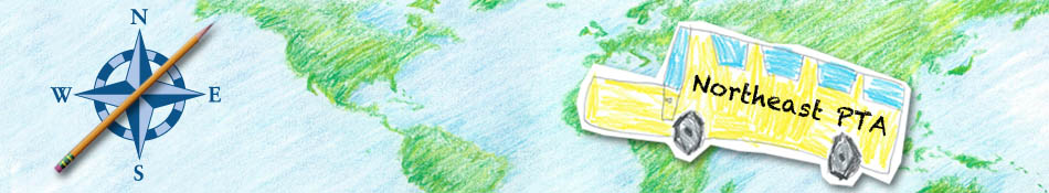 Website Banner: World map illustration, compass rose with pencil pointing Northeast and school bus labeled NortheastPTA